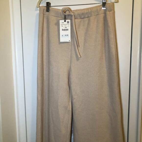Zara Pants - Zara Wide Leg Knit Draw String Elastic Pants Tan Size L NWT